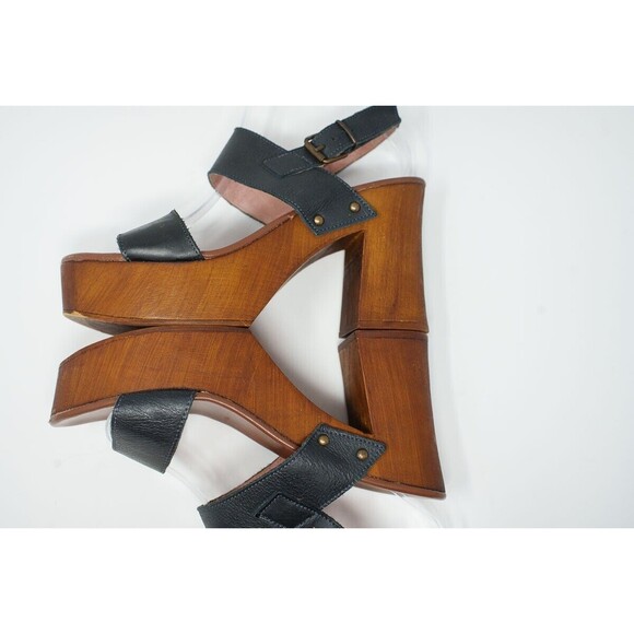 MUSSE & CLOUD 40 US9 Leiza Black Leather Sandals Wood Heel & Platform SPAIN - Picture 10 of 14